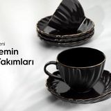 Nehir Porselen Yaldızlı Çay Fincanı Seti Takımı 6 Kişilik Siya