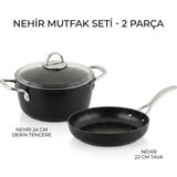 Nehir Titanium Siyah 2'li Set (22 cm Tava + 24 cm Derin Tencere)