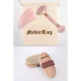 NehirTaş Sertifikalı Doğal At Kılı Fırça, Rose Quartz Face Roller & Gua Sha Bakım Seti