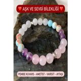 Nehirtaş Sertifikalı Doğal Taş Aşk Ve Sevgi Bilekliği ( Pembe Kuvars - Ametist - Varisit - Aytaşı )