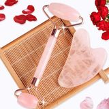 NehirTaş Sertifikalı Pembe Kuvars Gua Sha Taşı Masaj Aleti ve Face Roller 2'li Seti Doğal Taş