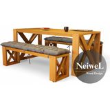 Neiwel Leina Doğal Ahşap Banklı Toplantı Masası TAKIMI-120-240 Takım - Açık Ceviz