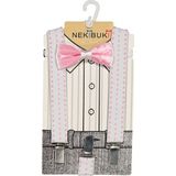 Nekibuki 1-9 Yaş Pantolon Askı Papyon Seti - Beyaz - Pembe - 1 - 5 Yaş