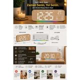 Neler Geldi Neler Büyük Ekranlı Ahşap Desenli Dijital Masa Saati 24X9X3 cm Alarm Çalar Saat Rgb Renkli LED Işıklı USB ve Pil - Bej