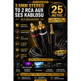 nelerbulurum 25 Metre 2 RCA Erkek - 3.5mm Stereo AUX Kablo Gold Uçlu | Telefon TV Bilgisayar Amfi Hoparlör Hi-Fi Ses Kablosu