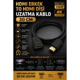 nelerbulurum 30 Cm HDMI Gold Uçlu Full HD 4K Uyumlu Erkek Dişi Uzatma Kablosu Gold Uçlu TV Monitör PC Laptop Uydu Alıcısı Receiver Oyun Konsolu Projektör İçin