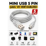 nelerbulurum 5 Metre USB 2.0 Mini USB 5 Pin Şarj ve Veri Kablosu PS3 PS4 GPS DVR Araç Kamerası Aksiyon Kamera Müzik Çalar Uyumlu
