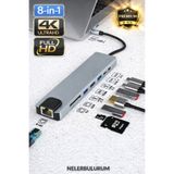 nelerbulurum Type-C 8in1 USB Hub 4K HDMI PD Şarj Ethernet USB 3.0 SD/TF Kart Okuyucu Çevirici Çoklayıcı