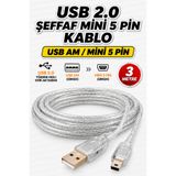 nelerbulurum Yüksek Kaliteli 3 metre USB 2.0 Mini USB 5 Pin Şarj ve Veri Kablosu PS3 PS4 Oyun Konsolu GPS DVR Araç Kamerası Aksiyon Kamera Müzik Çalar Uyumlu