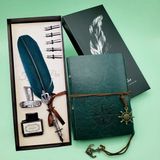 Nemere Deri Defter ve Tüylü Mürekkepli Kalem Seti Yeşil