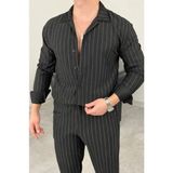 Nemere Erkek Çizgili Krep Kumaş Krem Gömlek Pantolon Alt Üst Takım Uzun Kollu - XL - Siyah