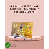 Nemere İthalat LED Işıklı Şeffaf Yazı Tahtası – Neon Etkili Akrilik Pano, Silinebilir, 7 Renkli Kalemli, 30