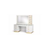 Nemir Mobilya Elrun Lüks Seri Beyaz Gold LED Aynalı Makyaj Masası – Camlı Organizer – Modern Tasarım %100 MDF