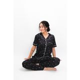 Nena Collection%100 Pamuk Düğmeli Kısa Kollu Pijama Takımı - Siyah Yıldız Desenli Rahat ve Esnek Tasarım 24586 SİYAH 3XL