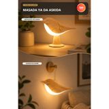 Neo Vista 3 Modlu Dokunmatik Kuş Tasarımlı Ahşap Görünümlü LED Gece Lambası Şarjlı Dimlenebilir Başucu Lambası