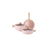 NEOFLAM Blossom 5 Parça Cam Kapaklı Seramik Kaplama Döküm Tencere Seti, Pembe, 24 cm