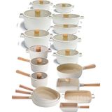 Neoflam Fika Alüminyum Döküm Cam Kapaklı Full Set 30 Parça Krem Tencere Seti
