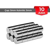 NeoHobi Neodyum Mıknatıs 10 Adet Çap: 5 mm Kalınlık: 5 mm NdFeB Güçlü Metalik Gri