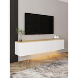 Neon LED Işıklı Duvara Monte, 3 Kapaklı TV Sehpası – 160 cm - Modern Tasarım, Beyaz/Safir Meşe