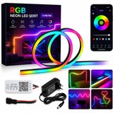 Neon LED Şerit RGB Piksel 5 Metre IP65 Su Geçirmez Adreslenebilir SMD2811 DC12V Esnek Silikon LED Bant Seti SP110E Bluetooth Kontrollü 5A Adaptör Dahil