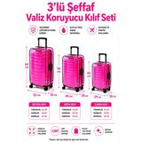 Neon * Pembe * Şeffaf Valiz Koruyucu Kılıf Ve Bavul Koruyucu Kılıf - 3'L Ü Set ( Büyük +Orta + Kabin)