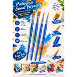 NEON PLUS 4 Lü Resim Fırçası 2 Düz 2 Ince Uçlu Akrilik Boya, Yağlı Boya, Guaj Boya, Sulu Boya Fırçası