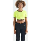 Neon Sarı Bel Bağlama Detaylı O Yaka Standart Kalıp Dalgıç Kumaş Kadın Crop T-Shirt - 97266