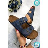 Neon Shoes Madrid Unisex Ortopedik Tabanlı Terlik Çift Bantlı Tokalı Günlük Rahat Ev & Dışarı Terliği - Lacivert