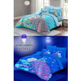 Neonlu Fosforlu Nevresim Takımı (Lastikli Çarşaflı) Çift Kişilik%100 Pamuk Saten Flowered peacock
