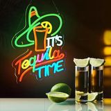 NeonTürk Canlı Meksika Hasır Şapka ve Limon Duvar Dekoru - Tequila Time Neon Tabela