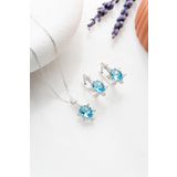 Nereze 925 Ayar Gümüş Aquamarin Oval Taşlı Küpe ve Kolye Set