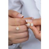 Nereze 925 Ayar Gümüş Gold Elmas Montür Tektaş Kolye ve Küpe Set