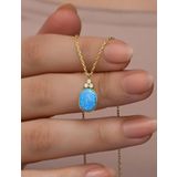 Nereze 925 Ayar Gümüş Gold Kaplama Oval Mavi Opal Taşlı Kolye