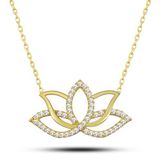 Nereze 925 Ayar Gümüş Gold Zirkon Taşlı Lotus Çiçeği Kolye