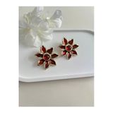 Nergis Collection Kadın Bordo Çiçek Gold Çelik Küpe
