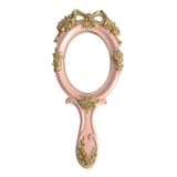 Nerien El Aynası Makyaj Aynası Seyahat Prenses Metal Kozmetik Aynası Taşınabilir Oval Kabartmalı Gül Aynaları Dekoratif Masa Kız Öğrenci Vintage Güzel Saplı Aynalar Pembe-3