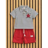 NerKids Erkek Çocuk Çizgili Şort Takım - 9 - 12 Ay - Kırmızı