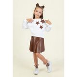 NerKids Kız Çocuk Yıldızlı Deri Takım - Ekru - 5 - 6 Yaş