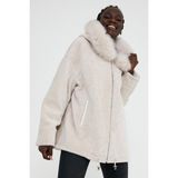 Nero Leather Fur Bej Astragan Kadın Kürk Kaban Kapüşon Kenarı Tilki HN21 - 4XL - 02S-Bej