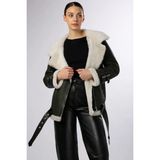 Nero Leather Fur Beyaz Tüy Aviator Kadın Kürk Kaban - AA102 - M - 001-Siyah