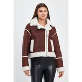 Nero Leather Fur Beyaz Tüy Krop Avıator Kadın Kürk Ceket - 213-Kahverengi