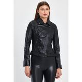 Nero Leather Fur Biker Kadın Deri Ceket - 2XL - 01-Siyah - Slim Fit