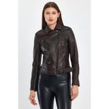Nero Leather Fur Biker Kadın Deri Ceket - XL - 02S-Kahverengi - Slim Fit