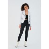 Nero Leather Fur Çift Fermuarlı Kapitone Detaylı Kadın Biker Beyaz Deri Ceket - 2XL - Slim Fit