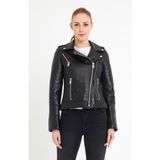 Nero Leather Fur Çift Fermuarlı Kapitone Detaylı Kadın Biker Siyah Deri Ceket - 01-Siyah - 4XL - Slim Fit