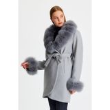 Nero Leather Fur Gri Kadın Kaşe Kaban Yaka ve Manşet Kürk Ovl - 07G-Gri