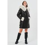 Nero Leather Fur Içi Beyaz Kürk Dışı Siyah Kuzu Derisi Kapüşonlu Kadın Deri Kaban HN114IK - M - 001-Siyah
