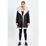 Nero Leather Fur Içi Beyaz Kürk Dışı Siyah Kuzu Derisi Yaka Tilki Kadın Kaban HN115IK - XL - 001-Siyah