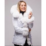 Nero Leather Fur Kadın Parka Su Geçirmez Kumaş (Beyaz Kumaş - Beyaz Tüy) - 4XL - 001-Beyaz