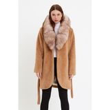 Nero Leather Fur Kamel Alkantara Kumaş Kadın Kaban Kapüşon Tilki Kürklü - Ovlkpş - 3XL